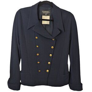 Chanel Vintage Navy Wool Crepe Double Breasted Jacket 1990s FR42 S 6 8 RARE